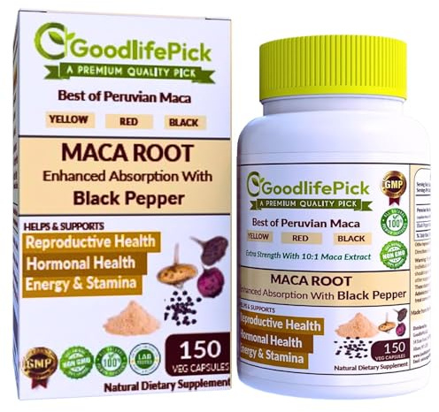 Peruvian Maca Root Capsules 150 ct. Powerful Maca Blend of Yellow Red & Black Maca Root with Black Pepper. All Natural NonGMO Vegan No Stearate No Rice Powder No Silica No Filler