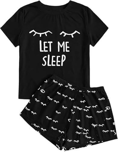 Haloumoning Pigiama estivo da ragazza, set di pantaloncini comodi, a maniche corte, con stampa a cartone animato, maglietta e pantaloni corti, Nero , 10-12 Jahre