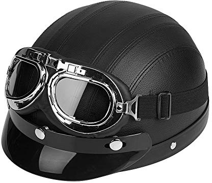 lyrlody Lätt motorcykelhjälm med UV-skyddsglasögon, avtagbar läderhalsduk, öppen ansiktsmotorcykel halvhjälm, läder halvhjälm (BLACK)