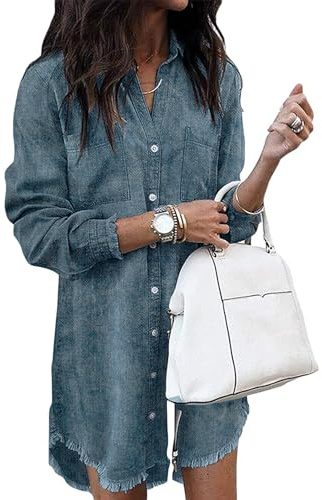 Zilcremo Women Denim Shirt Dresses Long Sleeve Distressed Jean Dress Button Down Casual Tunic Top Washedblue L