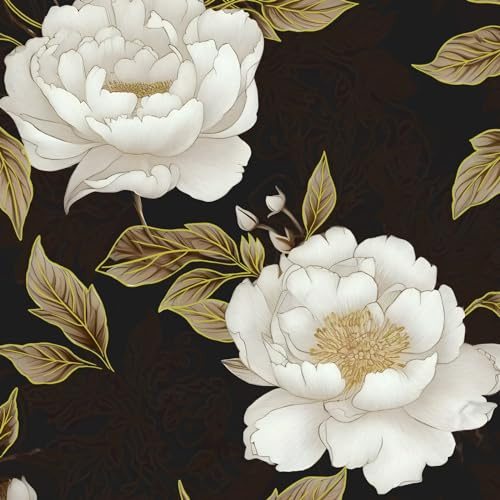 BOKEBEVE Big Floral Contact Paper Boho Leaves Peel and Stick Wallpaper Stick on Tabletop Walls Bathroom Bedroom Cabinet Removable Waterproof DIY PVC Dark Black Gold White 17.5 x 118In