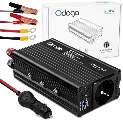 Odoga Wechselrichter 12V auf 230V – 500W Spannungswandler, Stromwandler mit 3A USB-A & USB-C Anschlüsse, Inverter 12V 220V, Auto Steckdose – Laden Sie Ihr Laptop, iPad, iPhone, Tablet Und Mehr