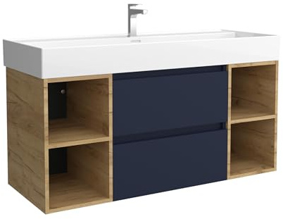 Salgar Mueble de Baño Bequia 120cm + Coqueta 2 Huecos Centrado + Lavabo cerámica | Azul Mate/Roble |120x45x66