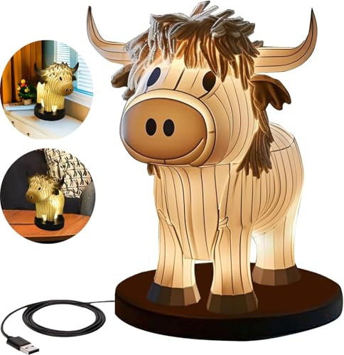 Neioaas Lampada da tavolo a forma di mucca, piccola luce notturna, Highland Cow lampada da tavolo con USB, lampada da tavolo portatile, decorazione dipinta, decorazione per soggiorno, camera da letto,