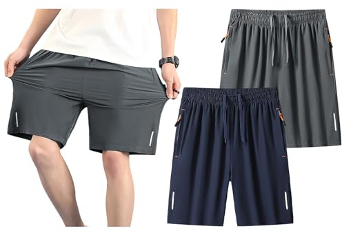 Jamron Herr plus size 2-pack löparshorts lätta snabbtorkande gym atletiska sportshorts med blixtlåsfickor och reflekterande remsa, Grå + blå, 3XL