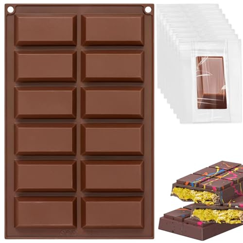 Schokoladenform Tief, 12 Mulden Schokoladenform Silikon mit 100 Pcs Süßigkeitentüte, Silikonform Schokolade 20 x 31,5 Cm, Schokoladenform Dubai Schokolade Antihaft BPA-frei Für Backen zu Hause