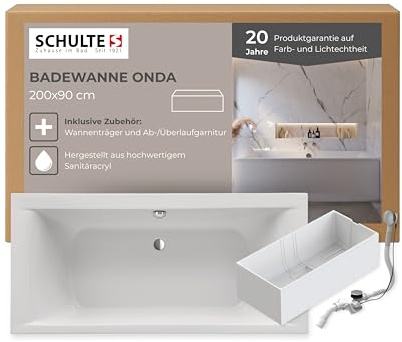 Schulte Badewanne Onda 200 x 90 cm, Acryl, Weiß glänzend | Komplettset mit Wannenträger und Ablaufgarnitur für eine abgestimmte Montage.