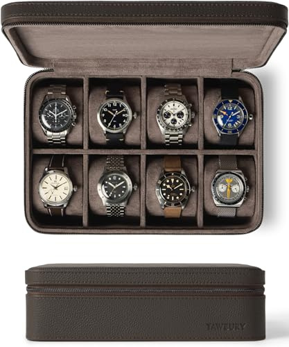 TAWBURY Watch Case - 8 Slot Genuine Top-Grain Leather Watch Box for Men & Women with Extra Wide Pillows for Large Watches - Portable Wristwatch Storage for Home & Travel (Brown)