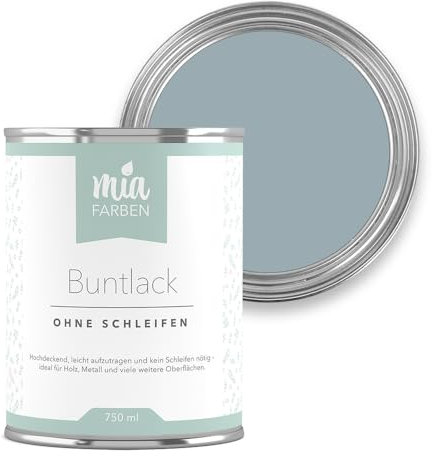 miafarben Buntlack ohne schleifen 750ml, Möbelfarbe, Möbellack für Holz, Metall, Kunststoff (Mildes Nebelblau)