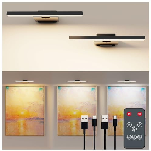 Deyagoo Bilderleuchte Kabellos, 2 Stück LED Wandleuchte Innen mit Fernbedienung, 6000mAh Akku Bildbeleuchtung mit Timer, Dart Beleuchtung, 3 Farbmodi Dimmbare Wandlampe für Malen Foto Art, Schwarz