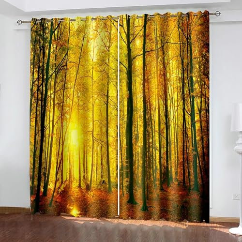 Beydodo Vorhänge Schlafzimmer Blickdicht 2er Set 244x244CM, Gardinen mit Ösen Herbst Sonnenuntergang im Wald Verdunkelungsvorhänge Kinderzimmer Wohnzimmer