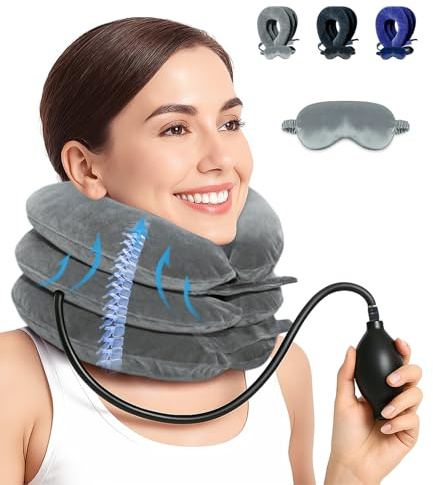 LuxoCare Neck Stretcher Adjustable – Neck Brace Pillow with Eye Mask, Cervical Neck Traction Device for Neck Pain Relief & Decompression, inflatable Neck Support for Home,Car, Travel & Office