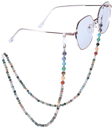 mookaitdecor 7 Chakra Edelstein Perlen Brillenkette für Damen, Heilsteine Kristall Sonnenbrillen Kette Gesichtsmaskenkette Einstellbare Anti Rutsch Brillenband, Indischer Achat