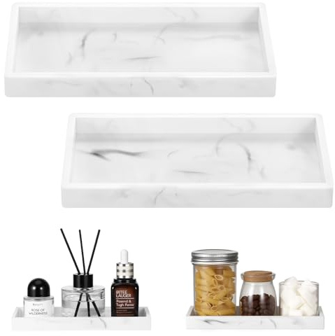 Luxspire Bathroom Vanity Tray - 2 Pack (7.9 x 4) Silicone Soap Dish for Kitchen Countertop Sink, Bathroom Counter Tray for Soap Dispenser Perfume Jewelry Accessories, Marble White