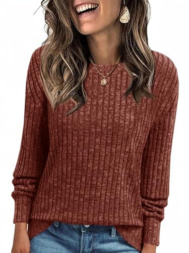 Cicy Bell Damen Langarmshirt Leichte Strickpullover Henley Shirt Dressy Casual Rundhals Sweatshirt Loose Fit Tunika Tops,Weinrot,M