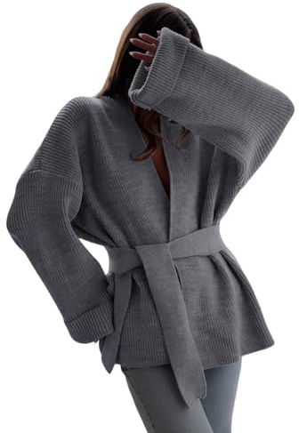 utcoco Womens Oversized Knit Cardigan Belted Wrap Sweater Long Sleeve Loose Fit Open Front Coat for Fall & Winter (Small, Grey)