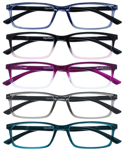 OPULIZE SEE Blaulichtfilter Lesebrille für Damen Herren, Blendfreie UV400-Schutz Federscharnier Anti-Müdigkeit, Rechteckiger Rahmen, Computerbrillen Gaming, 5er-Pack Blau Rosa Violett Grau Türkis