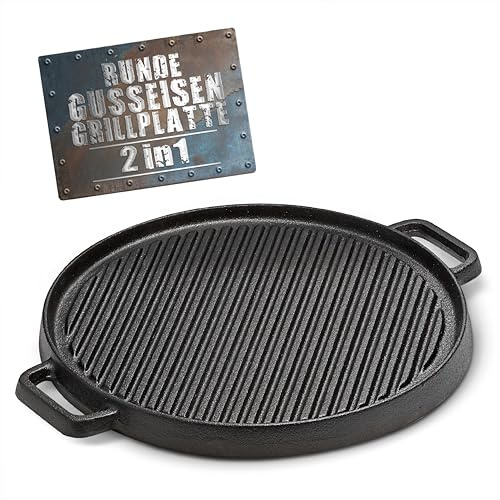 BBQ BOSS Piastra in ghisa [2 in 1] – Piastra rotonda – Piastra per barbecue – Reversibile – per barbecue e forno – Ø 29,5