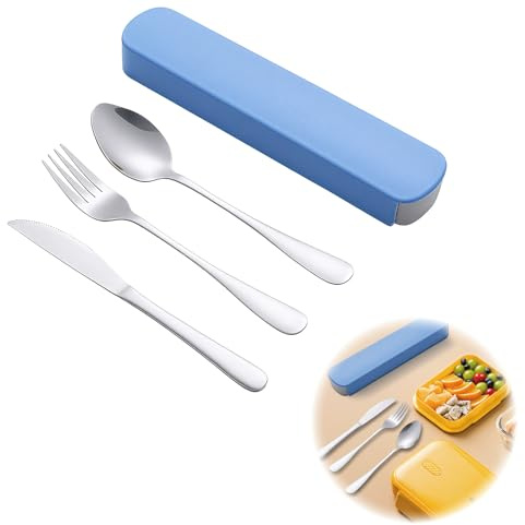 Cubiertos Camping-Juego de Cubiertos de Acero Inoxidable 3 Piezas para Lunch Box y Camping,Cuchara Tenedor Cuchillo con Estuche de Transporte Azul, Ideal para, Comida de Oficina y Viajes