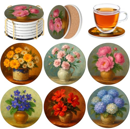 Saraudy Ceramic Coasters Set of 6 with Holder, Floral Pot Style, Absorbent Drink Coaster Set for Home Decor, Cups, Mugs and Glasses (Terracotta Flower Pot)