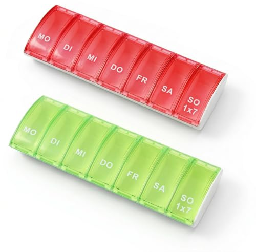 RDTOK 2 st. tablettlåda 7 dagar, pillerask 7 dagars medicinlåda för resor, lätt att öppna, BPA-fri, pillerask liten för vitaminer kosttillskott och läkemedel (röd och grön)