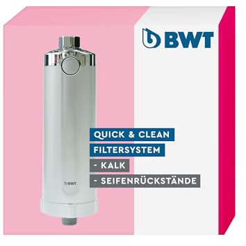 BWT Quick & Clean Kalkfilter | Wasserfilter stoppt Kalkflecken in Dusche und Badezimmer – inklusive 1 Filterkartusche | Entkalkt Duschwasser direkt aus der Leitung | Duschfilter gegen Kalk | Antikalk