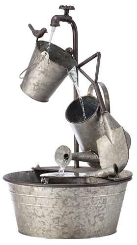Alpine Corporation YHL106 Outdoor Floor 3-Tiered Metal Garden Tools Water Fountain, Tools and Faucet Waterfall, 28, Gray