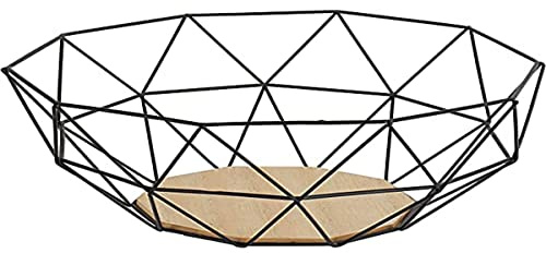 Gusta Obstkorb aus schwarzem Metall mit Holzboden, 26.5x26.5x12cm