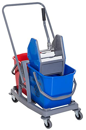 HOMCOM Chariot de Lavage Chariot de Nettoyage Professionnel Presse à mâchoire 2 seaux 25 L 73L x 45l x 92H cm Plastique Gris Bleu Rouge