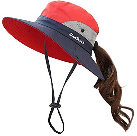 Anvevkn Damen Faltbarer Sonnenhut UV Schutz Sommerhut Wanderhut Fischerhut Gartenhut Wasserdicht Outdoor Buschhut mit Verstellbare Kinnband Rot