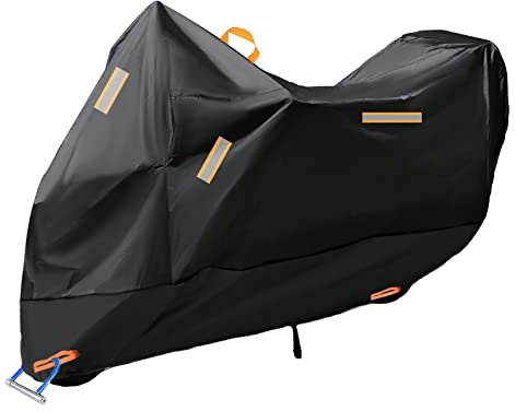 Baogaier Housse de Moto 300D Bâche de Protection pour Moto Couverture Imperméable Universelle Épaissir, Contre la Pluie Neige Poussière Saleté UV pour Motor Scooter, Noir, XXXL (265 x 105 x 125cm)