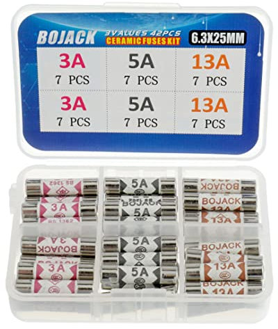 BOJACK 3 Values 42 pcs 3 5 13 A amp 240 V Volt Household Mains Plug Fuse 6.3x25 mm 0.25x1Inch BS1362 Ceramic Tube Cartridge Fuses Assortment Kit packag in a Clear Plastic Box