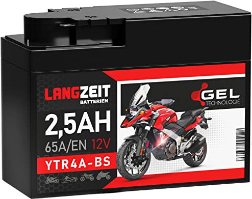 LANGZEIT YTR4A-BS GEL Roller Batterie 12V 2,5Ah 65A/EN GEL Batterie 12V Motorradbatterie doppelte Lebensdauer entspricht ITX4A-BS YTX4A-BS vorgeladen auslaufsicher wartungsfrei ersetzt 2,3Ah