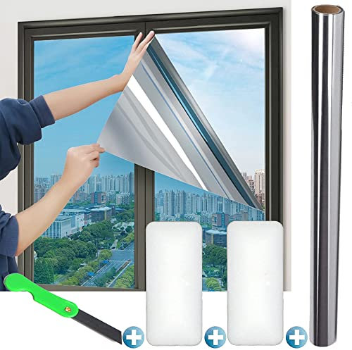 Sonnenschutz Fensterfolie Selbsthaftend, Folie für Sonnenschutz Fenster Außen und Innen, Spiegelfolie für Fenster, Sonnenschutzfolie für Schlafzimmer UV-Schutz Silber (60 x 200 cm)