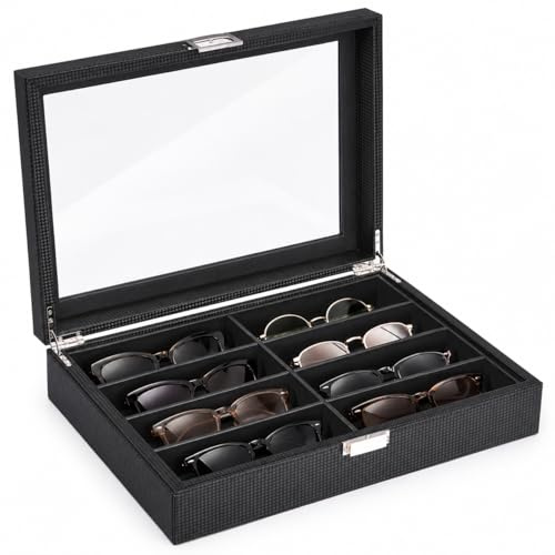 BEWISHOME 8-Slot Sunglasses Organizer Case with Lock, Large Clear Glass Lid, Carbon Fiber Eyewear Display Box, PU Leather Lined Anti-Scratch Storage for Glasses, Watches & Jewelry Mothers Day