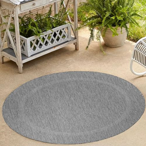 Carpetsale24 Outdoor Teppich Rund 120 cm Grau Bordüre Design Flachgewebe Wetterfest Waschbar für Wohnzimmer Schlafzimmer Kinderzimmer Balkon Terrasse