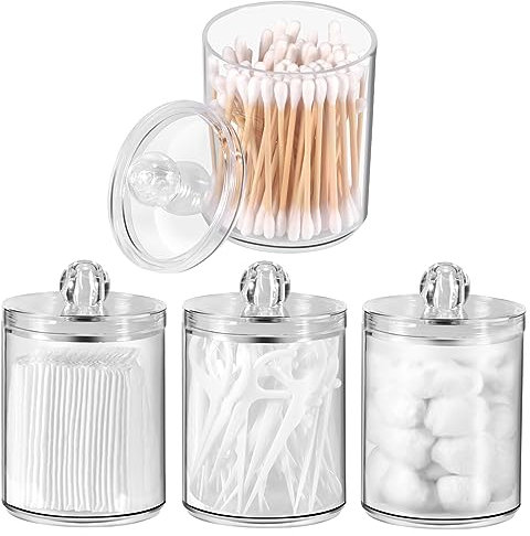 Annhua 4 Pcs Cotton Bud Holder 10 Oz Cotton Pad Holder with Lids, Plastic Bathroom Jars for Facial Pads, Swabs, Dental Picks, Hair Bands, and Hair Clips - Clear