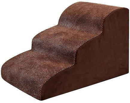 kowaku Hundetreppe Haustiertreppe 3 Stufen, Katzentreppe mit Plüschbezug waschbar, Hunderampe Stufen Bettwäsche Welpenleiter für Bett, Sofa, Couch und Auto, Khaki
