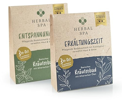 HERBAL SPA Erkältungszeit & Entspannungszeit - Basisches Kräuterbad mit ätherischen Ölen, 2x je 3 Kräuterkissen 100g | Pflegende Badekosmetik, verwöhnt Haut & Sinne | Reine Kraft der Natur