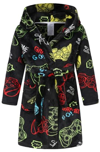 HDOBHIO Boys Girls Robe Soft Fleece Bathrobe for Kids Black GamePad 9-12 Years