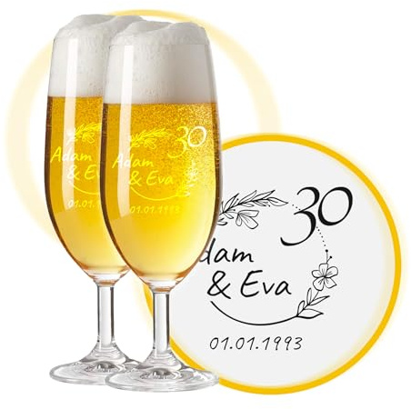 LALALO Biergläser mit Gravur zum 30. Hochzeitstag, Perlenhochzeit Geschenk, Leonardo Pils Biertulpe personalisiert, Jahrestag Perlen-Hochzeit (Herzfunken)