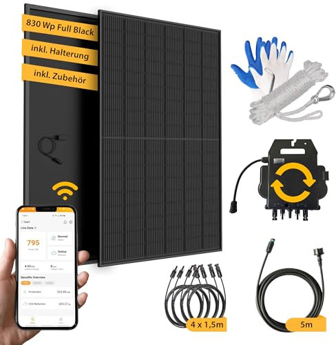 VALE Balkonkraftwerk 830 Wp Full Black - mit Halterung - 800 W Wechselrichter - Solarpanel Komplettset - 5m AC-Kabel & Zubehör