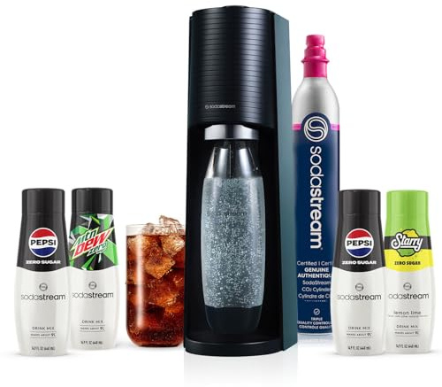 SodaStream Terra Sparkling Water Maker Bundle in Black - includes CO2, Carbonating Bottle, and Pepsi® Zero Sugar, Starry® Zero Sugar and MTN Dew® Zero Sugar 4-Flavor Variety Pack