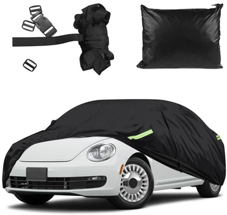 wasserdichte Autoabdeckung für VW Beetle 1960-2023, 210D Allwetter-Vollständige Autoabdeckung mit Reißverschlusstür und Baumwollfutter, winddichtem Gurt für alle Jahreszeiten