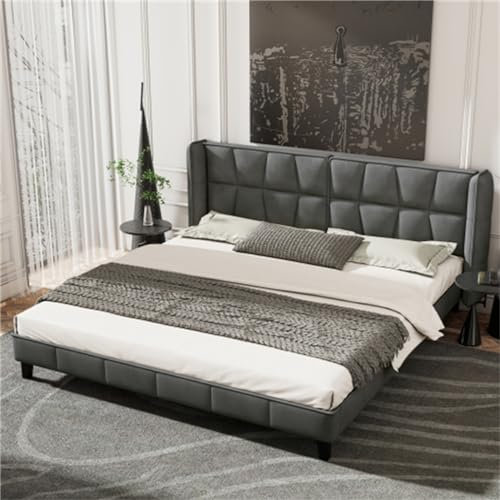 Stilvolles Materialpolsterbett Mit Verstellbarem Kopfteil Im Karo-Stil Und Massivholzplatte, Grau – Geeignet Für Schlafzimmer Für Erwachsene Und Jugendliche(Size:180x200cm)