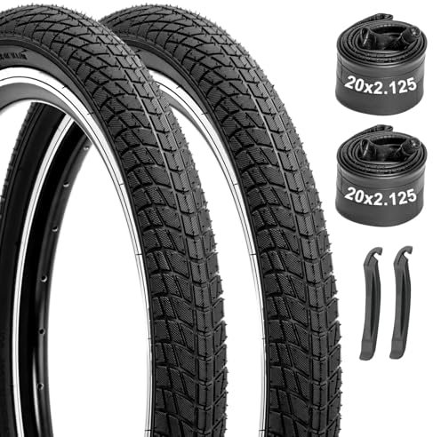 Kids Bike Tires and Tubes Set: 2-Pack 20x2.125 Inch Folding Bicycle Tires, Puncture-Protection 20 Inner Tubes Schrader Valve with Tire Levers for BMX MTB