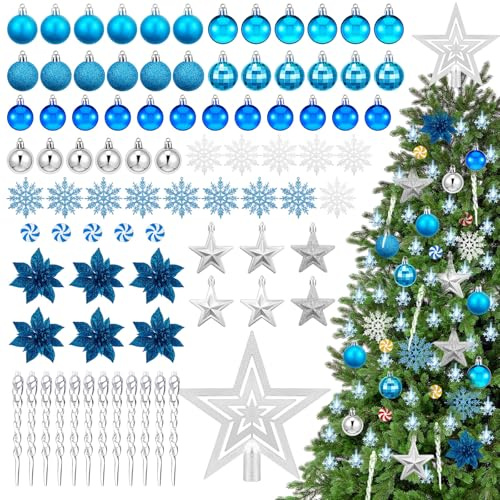 Blulu 103 Pcs Silver Blue Christmas Tree Ornaments Set with LED Decorative Light Christmas Tree Decoration Set Glitter Xmas Baubles Hanging Ornament Assortment for Xmas Holiday Party