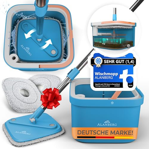 Alanberg Set Mocio con Secchio – Sistema 2 Scomparti per Acqua Pulita & Sporca, Autostrizzante, Manico Telescopico 160 cm, 2 Panni Microfibra, Blu