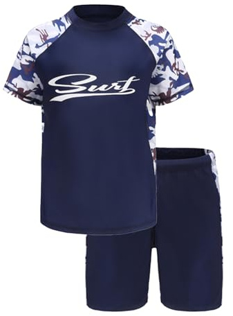 Trsenvrml Boys Swim Set Kids Swimming Costume Rash Guard Short Sleeve Swim Shirt + Swim Trunks Shorts Bathing Suit (Letter, 10-12T)