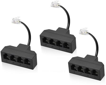 Menewstart RJ11 Cable 4 Way Telephone Splitter 3 Pack, Black, Splitter 6P4C Connector Phone Line Cord Adapter with Cable for Landline Telephone Wire, Suitable for Telephone, Fax Machine